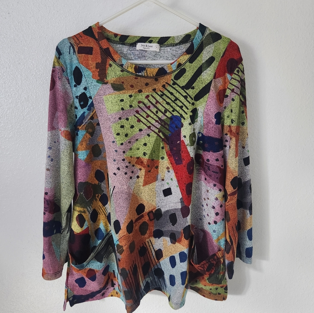 Jess & Jane Pop Art Brushed Patch Pockets Tunic Size Large
